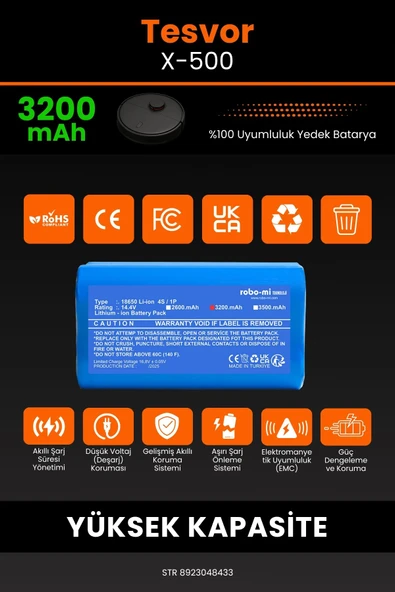 robo-mi Tesvor X500 3200mAh Robot Süpürge Bataryası - Sertifikalı Güvenlik, Gerçek Kapasite - Resim 3