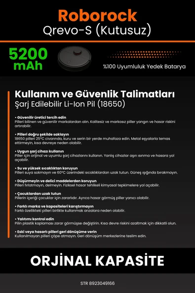 robo-mi Roborock Qrevo S 5200mAh Robot Süpürge Bataryası - Yüksek Yoğunluklu Li-ion Hücre - 7