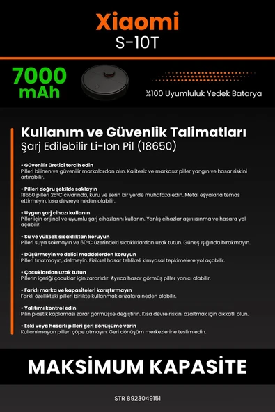 robo-mi Xiaomi Mi Robot Vacuum S10T 7000mAh Robot Süpürge Bataryası - Yüksek Yoğunluklu Li-ion Hücre - 7