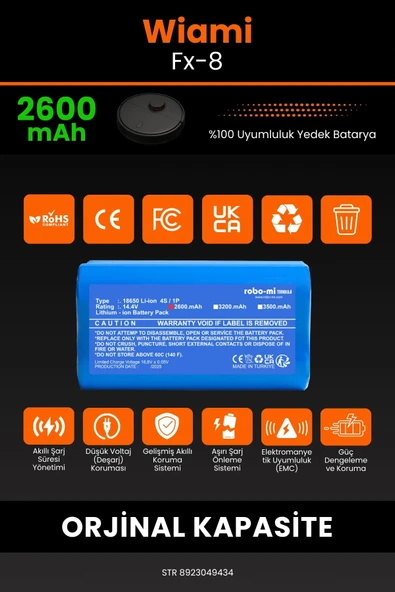 robo-mi Wiami FX-8 2600mAh Robot Süpürge Bataryası - Yüksek Yoğunluklu Li-ion Hücre - 3