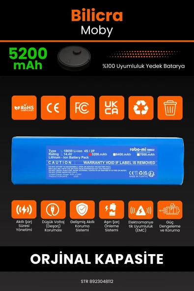 robo-mi Bilicra Moby 5200mAh Robot Süpürge Bataryası - Sertifikalı Güvenlik, Gerçek Kapasite - 3