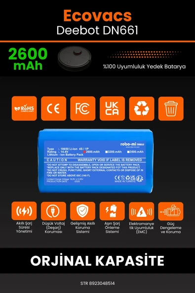 robo-mi Ecovacs Deebot DN661 2600mAh Robot Süpürge Bataryası - Sertifikalı Güvenlik, Gerçek Kapasite - 3