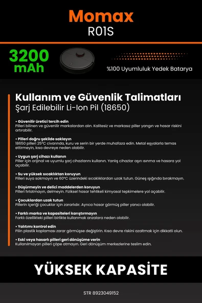 robo-mi Momax R01S 3200mAh Robot Süpürge Bataryası - Yüksek Yoğunluklu Li-ion Hücre - 7