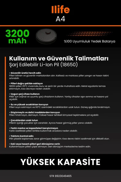 robo-mi İlife A4 3200mAh Robot Süpürge Bataryası - Yüksek Yoğunluklu Li-ion Hücre - Resim 7