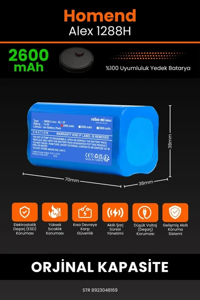 robo-mi Homend Alex 1288h 2600mAh Robot Süpürge Bataryası - Sertifikalı Güvenlik, Gerçek Kapasite - 2