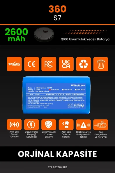 robo-mi 360 S7 2600mAh Robot Süpürge Bataryası - Yüksek Yoğunluklu Li-ion Hücre - Resim 3