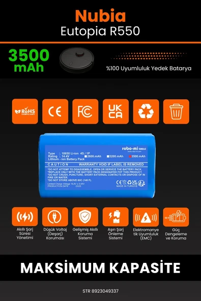 robo-mi Nubia Eutopia R550 3500mAh Robot Süpürge Bataryası - Yüksek Yoğunluklu Li-ion Hücre - 3