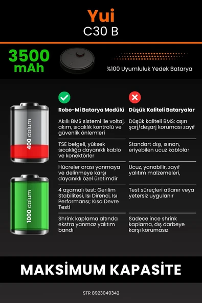 robo-mi Yui C30B 3500mAh Robot Süpürge Bataryası - Yüksek Yoğunluklu Li-ion Hücre - 6