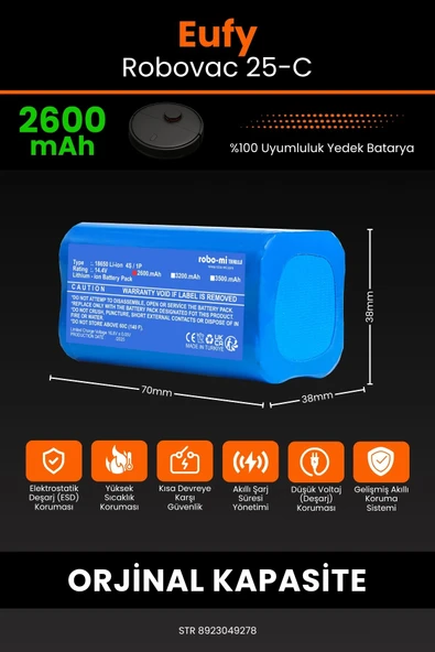robo-mi Eufy Robovac 25C 2600mAh Robot Süpürge Bataryası - Yüksek Yoğunluklu Li-ion Hücre - 2