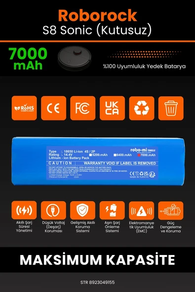 robo-mi Roborock S8 Sonic 7000mAh Robot Süpürge Bataryası - Yüksek Yoğunluklu Li-ion Hücre - 3