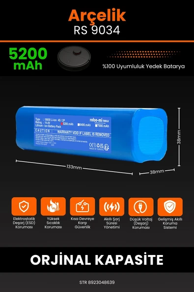 robo-mi Arçelik Rs 9034 Hm 5200mAh Robot Süpürge Bataryası - Koruma Katmanlı Batarya Teknolojisi - Resim 2