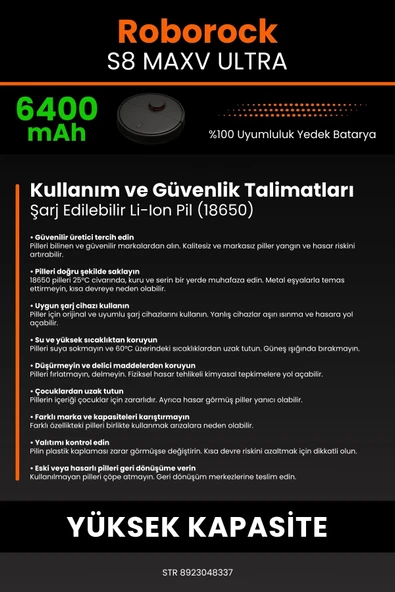 robo-mi Roborock S8 Maxv Ultra 6400mAh Robot Süpürge Bataryası - Sertifikalı Güvenlik, Gerçek Kapasite - 7