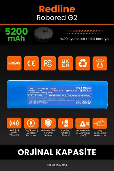 robo-mi Redline Robored G2 5200mAh Robot Süpürge Bataryası - Yüksek Yoğunluklu Li-ion Hücre - Resim 3