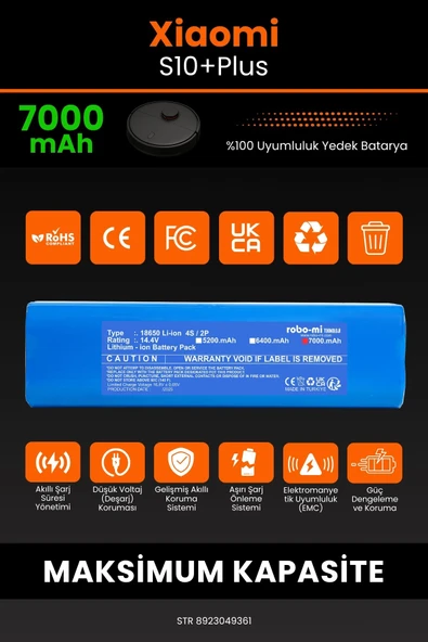 robo-mi Xiaomi Robot Vacuum S10 Plus 7000mAh Robot Süpürge Bataryası - Yüksek Yoğunluklu Li-ion Hücre - 3