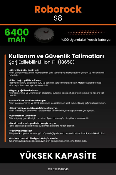 robo-mi Roborock S8 6400mAh Robot Süpürge Bataryası - Sertifikalı Güvenlik, Gerçek Kapasite - 7