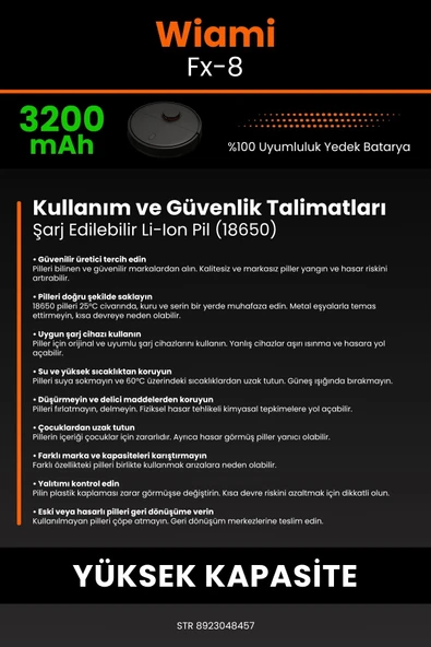 robo-mi Wiami FX-8 3200mAh Robot Süpürge Bataryası - Sertifikalı Güvenlik, Gerçek Kapasite - 7