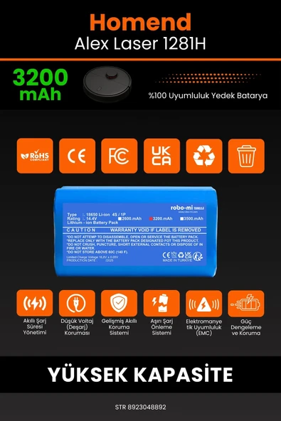 robo-mi Homend Alex Laser 1281h 3200mAh Robot Süpürge Bataryası - Koruma Katmanlı Batarya Teknolojisi - 3