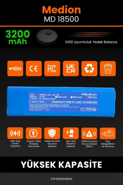 robo-mi Medion MD 18500 3200mAh Robot Süpürge Bataryası - Koruma Katmanlı Batarya Teknolojisi - Resim 3