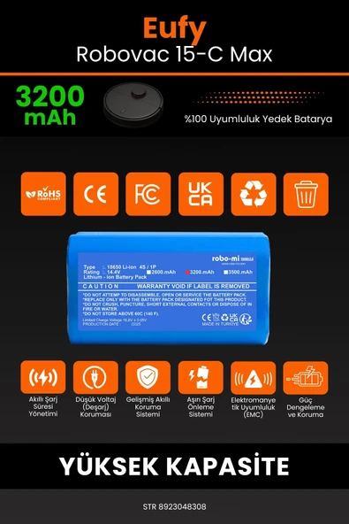 robo-mi Eufy Robovac 15C Max 3200mAh Robot Süpürge Bataryası - Sertifikalı Güvenlik, Gerçek Kapasite - 3