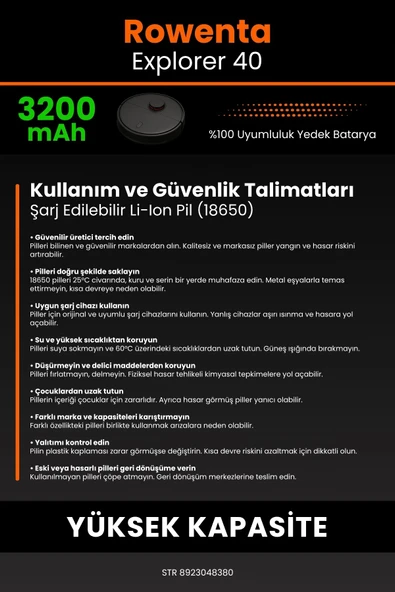 robo-mi Rowenta Explorer 40 3200mAh Robot Süpürge Bataryası - Sertifikalı Güvenlik, Gerçek Kapasite - 7