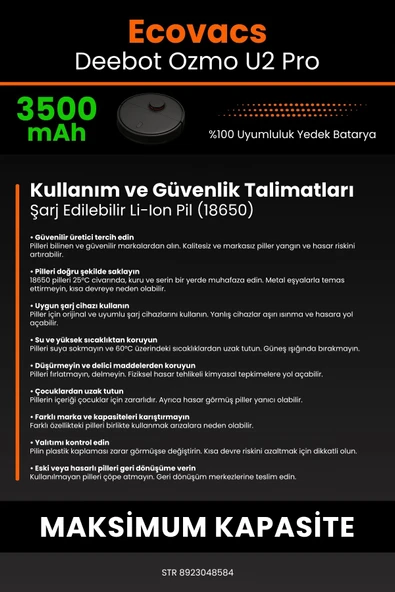robo-mi Ecovacs Deebot Ozmo U2 Pro 3500mAh Robot Süpürge Bataryası - Sertifikalı Güvenlik, Gerçek Kapasite - 7