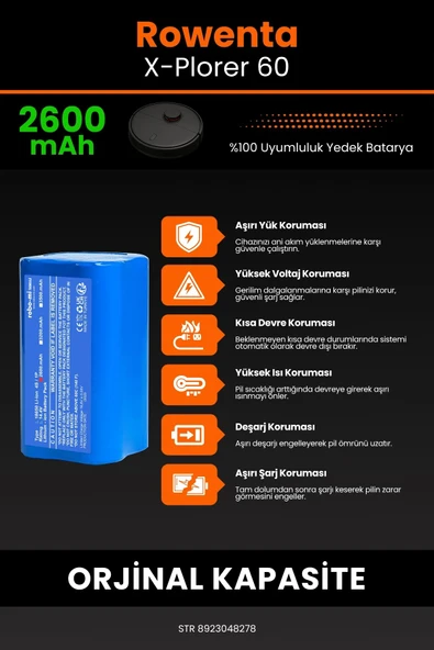 robo-mi Rowenta X-Plorer 60 2600mAh Robot Süpürge Bataryası - Sertifikalı Güvenlik, Gerçek Kapasite - 5