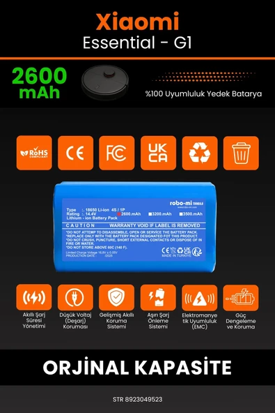 robo-mi Xiaomi Mi Vacuum Mop Essential 2600mAh Robot Süpürge Bataryası - Yüksek Yoğunluklu Li-ion Hücre - 3