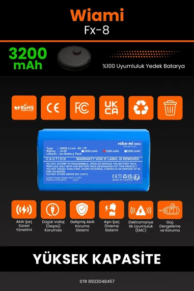 robo-mi Wiami FX-8 3200mAh Robot Süpürge Bataryası - Sertifikalı Güvenlik, Gerçek Kapasite - 3
