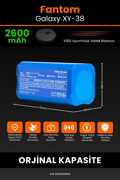 robo-mi Fantom Galaxy XY 38 2600mAh Robot Süpürge Bataryası - Yüksek Yoğunluklu Li-ion Hücre - 2