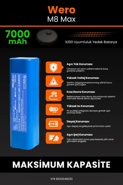 robo-mi Wero M8 Max 7000mAh Robot Süpürge Bataryası - Sertifikalı Güvenlik, Gerçek Kapasite - 5