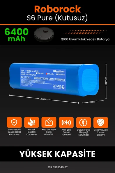 robo-mi Roborock S6 Pure 6400mAh Robot Süpürge Bataryası - Yüksek Yoğunluklu Li-ion Hücre - 2