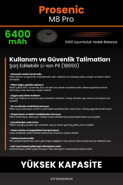 robo-mi Proscenic Prosenic M8 Pro 6400mAh Robot Süpürge Bataryası - Sertifikalı Güvenlik, Gerçek Kapasite - 7