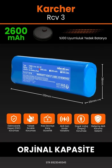 robo-mi Karcher Rcv 3 2600mAh Robot Süpürge Bataryası - Yüksek Yoğunluklu Li-ion Hücre - 2