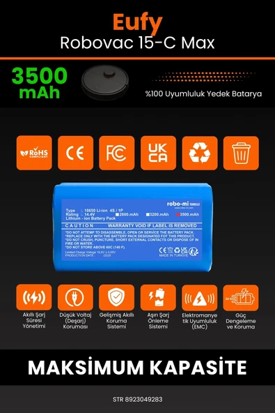 robo-mi Eufy Robovac 15C Max 3500mAh Robot Süpürge Bataryası - Yüksek Yoğunluklu Li-ion Hücre - 3