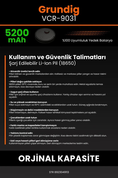 robo-mi Grundig Vcr 9031 5200mAh Robot Süpürge Bataryası - Yüksek Yoğunluklu Li-ion Hücre - 7