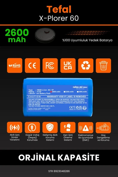 robo-mi Tefal X-Plorer 60 2600mAh Robot Süpürge Bataryası - Sertifikalı Güvenlik, Gerçek Kapasite - Resim 3