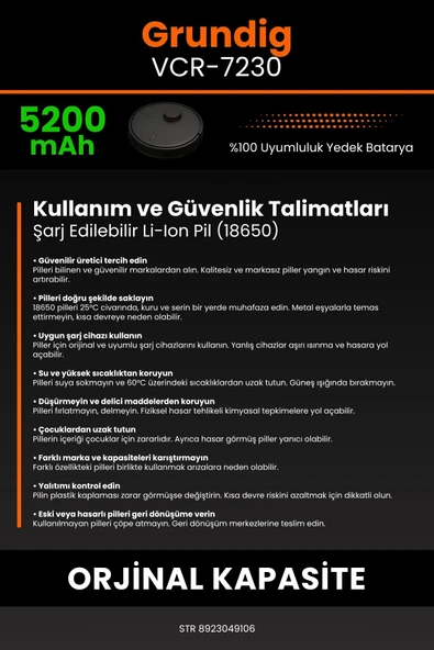 robo-mi Grundig Vcr 7230 5200mAh Robot Süpürge Bataryası - Yüksek Yoğunluklu Li-ion Hücre - 7