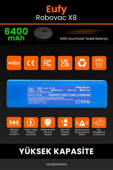 robo-mi Eufy Robovac X8 6400mAh Robot Süpürge Bataryası - Yüksek Yoğunluklu Li-ion Hücre - Resim 3