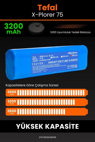 robo-mi Tefal X-Plorer 75 3200mAh Robot Süpürge Bataryası - Yüksek Yoğunluklu Li-ion Hücre - 4