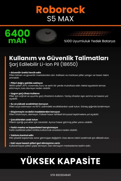 robo-mi Roborock S5 Max 6400mAh Robot Süpürge Bataryası - Yüksek Yoğunluklu Li-ion Hücre - 7