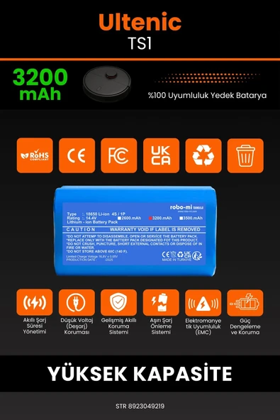 robo-mi Ultenic TS1 3200mAh Robot Süpürge Bataryası - Yüksek Yoğunluklu Li-ion Hücre - 3