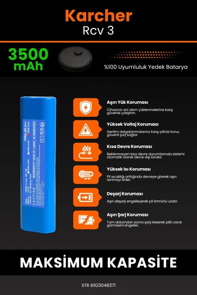 robo-mi Karcher Rcv 3 3500mAh Robot Süpürge Bataryası - Sertifikalı Güvenlik, Gerçek Kapasite - 5