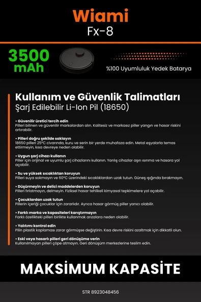 robo-mi Wiami FX-8 3500mAh Robot Süpürge Bataryası - Sertifikalı Güvenlik, Gerçek Kapasite - 7