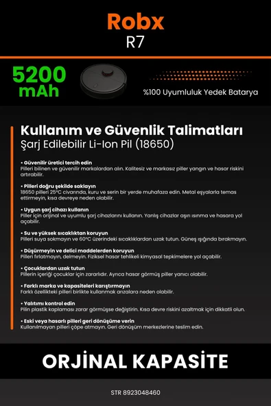 robo-mi Robx R7 5200mAh Robot Süpürge Bataryası - Sertifikalı Güvenlik, Gerçek Kapasite - 7
