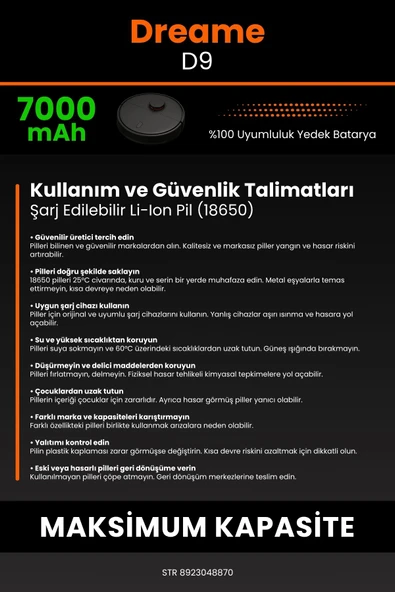 robo-mi Dreame Vacuum Mop D9 7000mAh Robot Süpürge Bataryası - Koruma Katmanlı Batarya Teknolojisi - 7