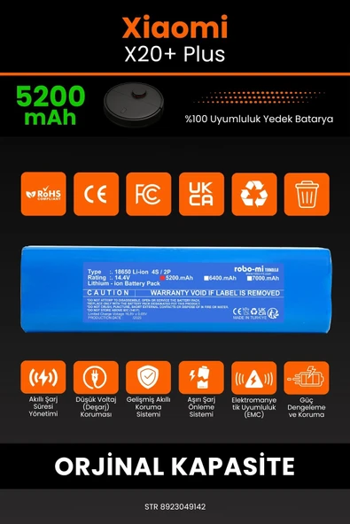 robo-mi Xiaomi Robot Vacuum X20+ Plus 5200mAh Robot Süpürge Bataryası - Yüksek Yoğunluklu Li-ion Hücre - 3