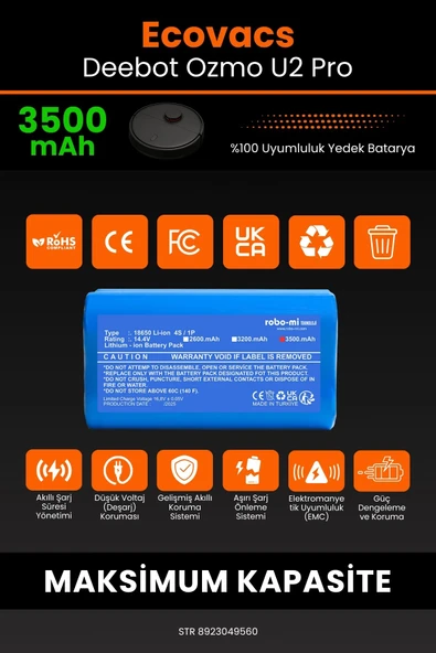 robo-mi Ecovacs Deebot Ozmo U2 Pro 3500mAh Robot Süpürge Bataryası - Yüksek Yoğunluklu Li-ion Hücre - 3