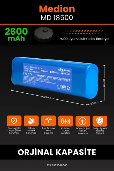 robo-mi Medion MD 18500 2600mAh Robot Süpürge Bataryası - Koruma Katmanlı Batarya Teknolojisi - 2
