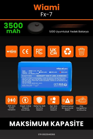 robo-mi Wiami FX-7 3500mAh Robot Süpürge Bataryası - Yüksek Yoğunluklu Li-ion Hücre - 3