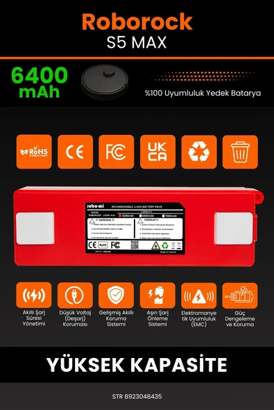 robo-mi Roborock S5 Max 6400mAh Robot Süpürge Bataryası - Sertifikalı Güvenlik, Gerçek Kapasite - Resim 3